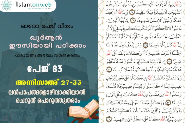 അധ്യായം 4. സൂറത്തുന്നിസാഅ് (Ayath 27-33) വൻപാപങ്ങളൊഴിവാക്കിയാൽ ചെറുത് പൊറുത്തുതരാം